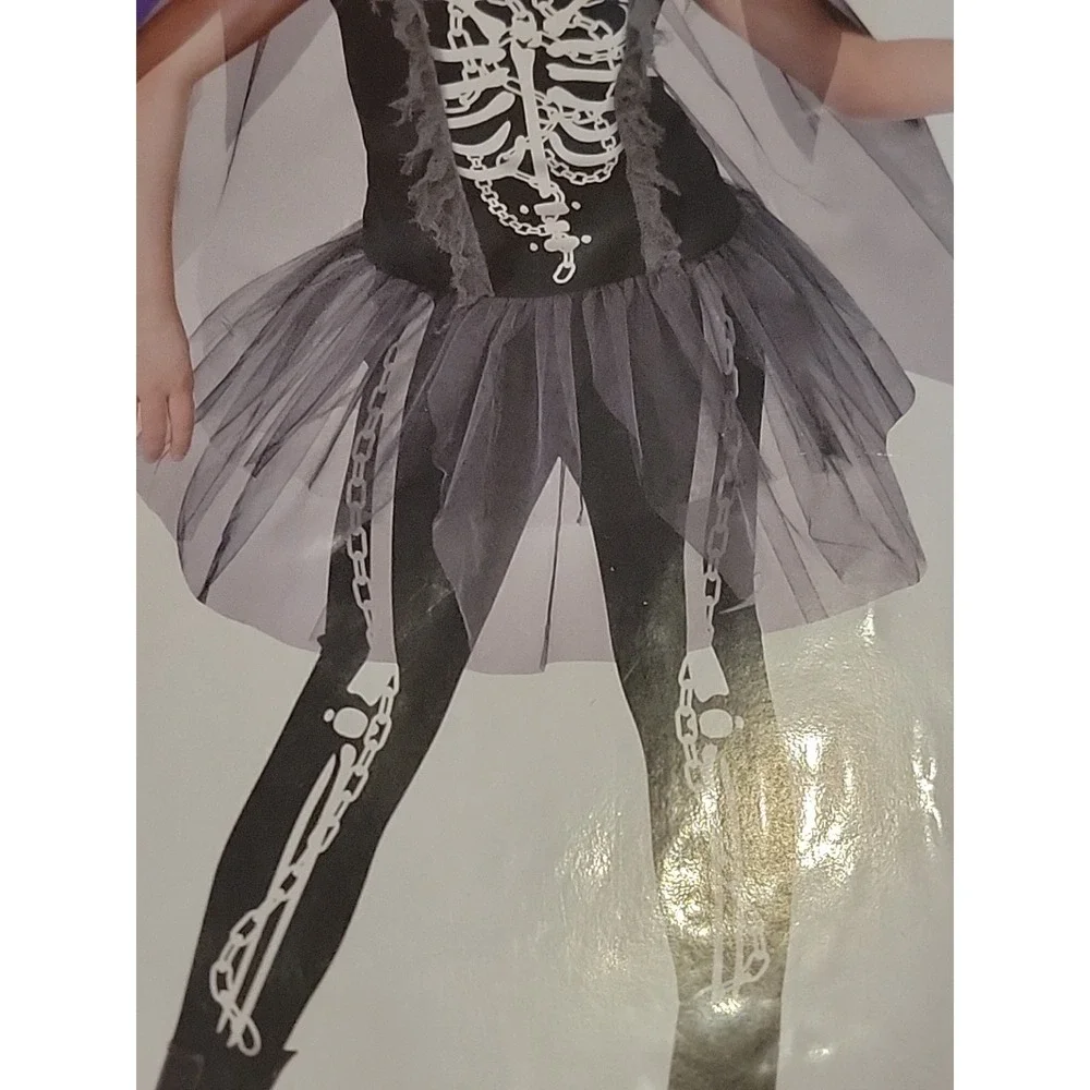 Girls Grim Reaper Skeleton Halloween Costume Size medium 8-10 Dress & Cape - Picture 9 of 10